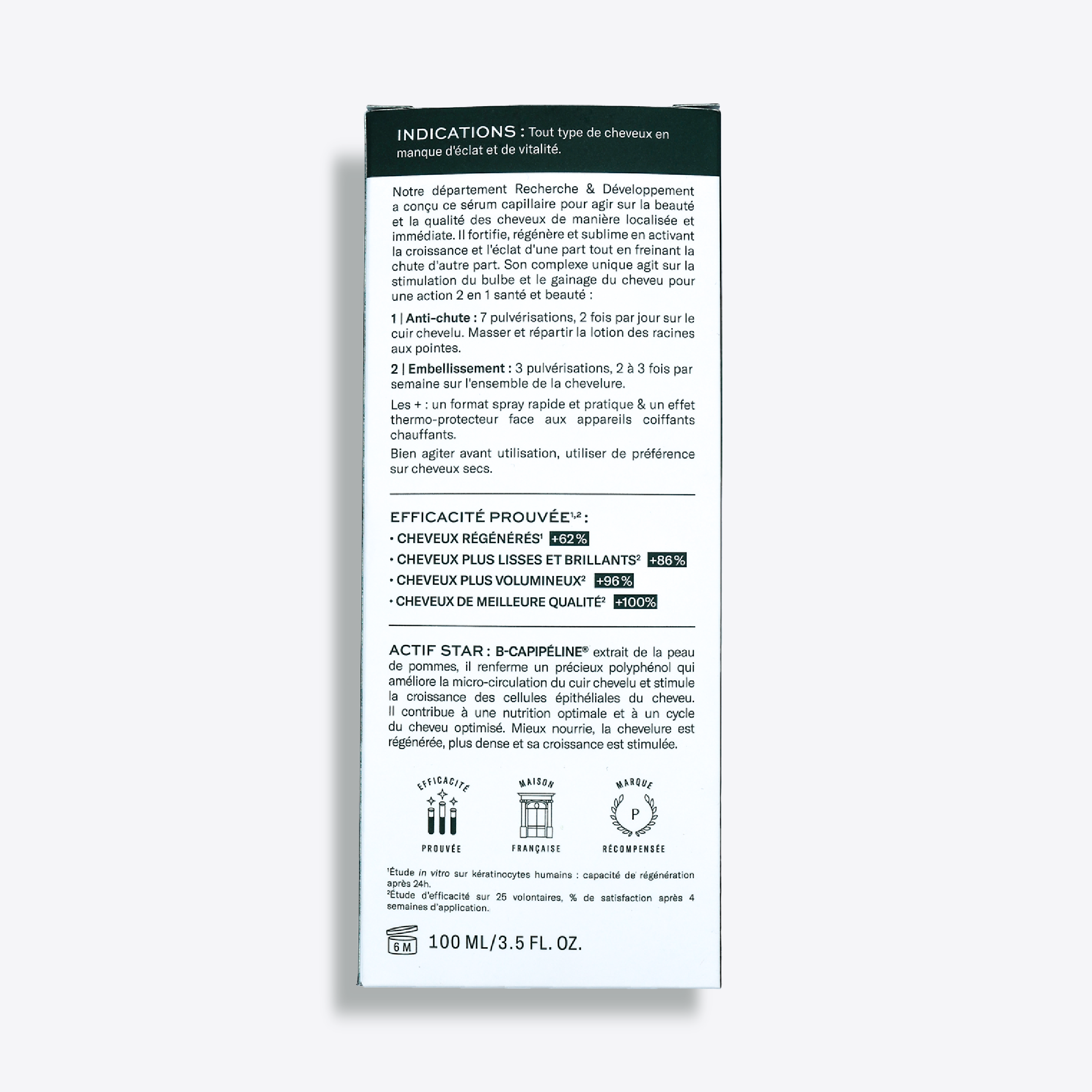 Packaging du sérum pour les cheveux de dos